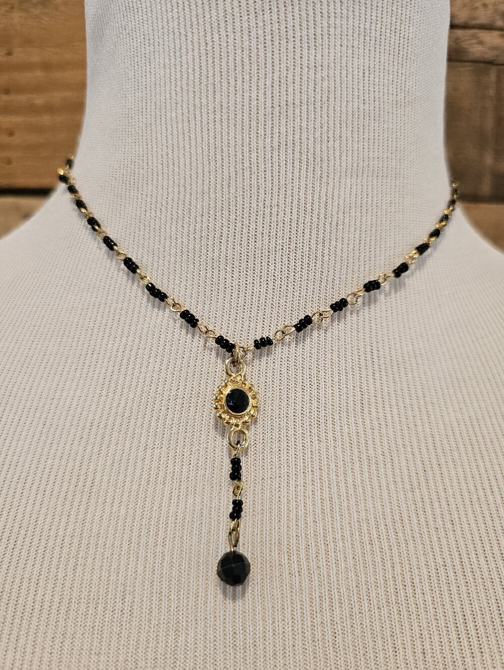 Gold & Black Beaded Y Necklace with Flower Pendant - Picture 1 of 5